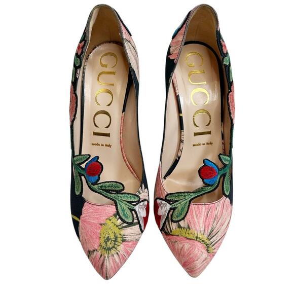 GUCCI Ophelia Floral Embroidered Printed Satin Pumps Graphite Black Pink - Picture 3 of 11